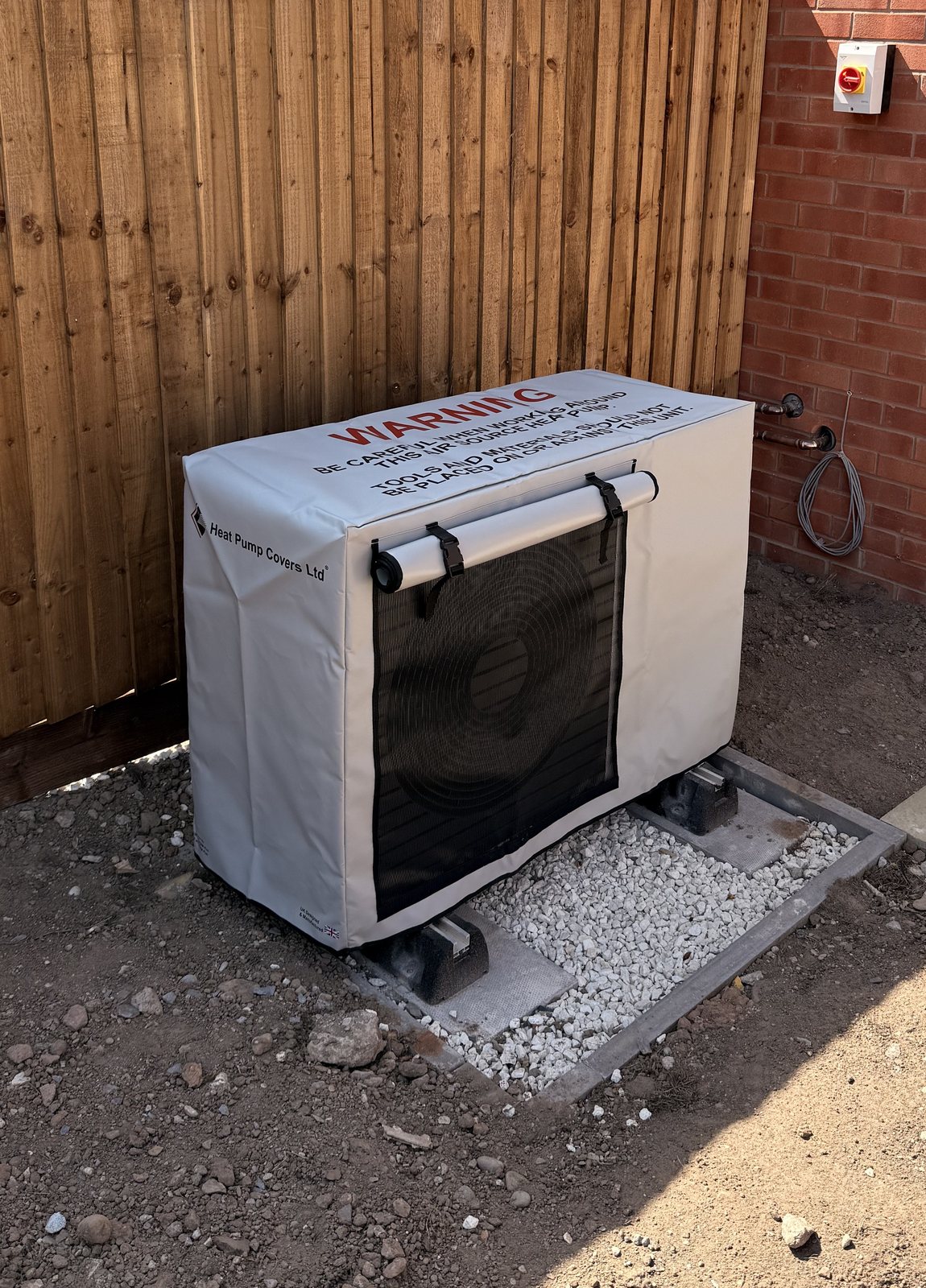 Heat Pump Covers Ltd cover fitted to a heat pump at a new-build home